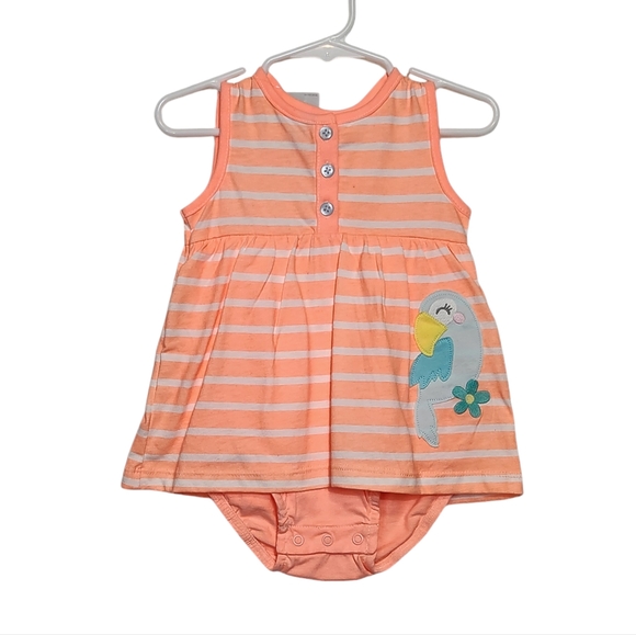 NEW NWT Carter's Baby Girl 12M Neon Orange Stripes Dress Onsie w/ Blue Bird - Picture 1 of 5
